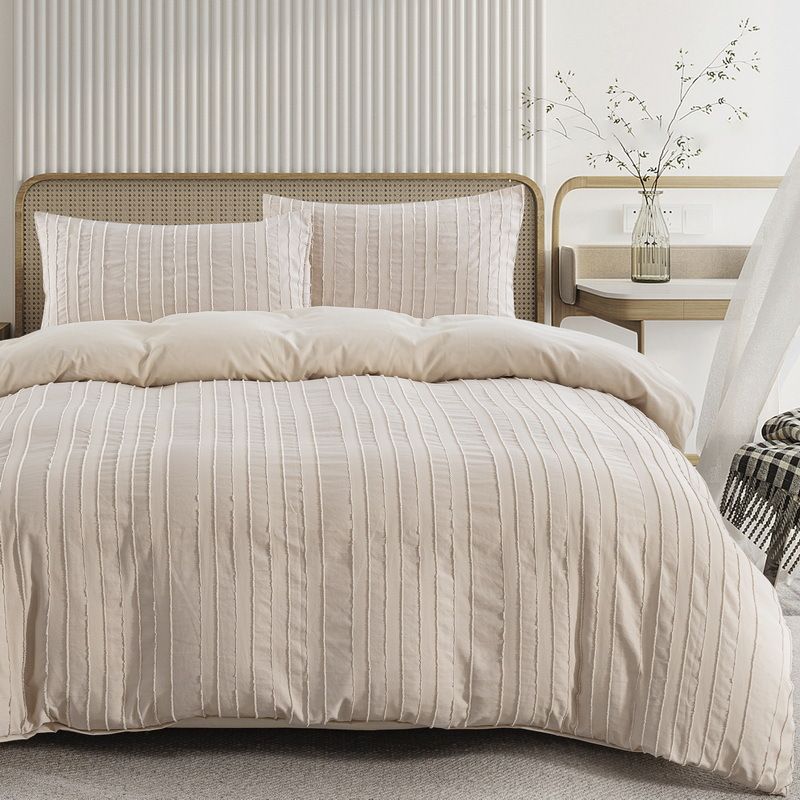 Set copripiumino soffice a righe color cachi chiaro - Biancheria da letto morbida da 3 pezzi con motivo a fiori recisi per un arredamento accogliente._voghion.com