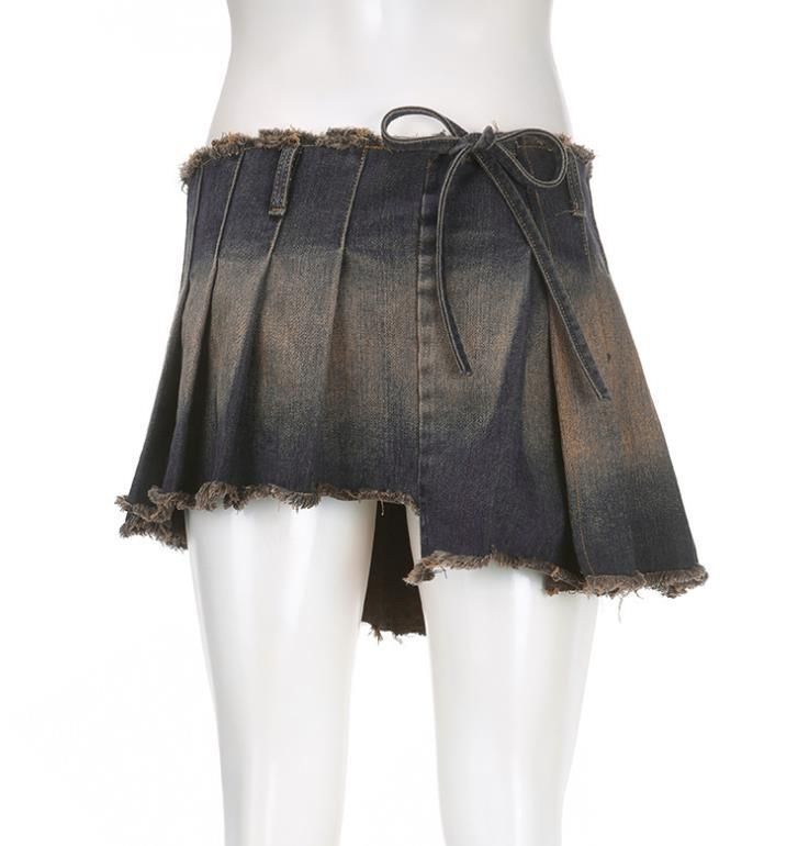 Falda vaquera retro con correa de cintura alta, Falda plisada irregular de una pieza, chica sexy súper corta_voghion.com