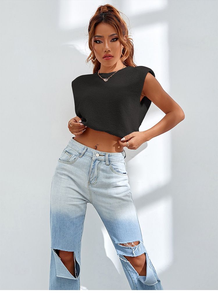 Gilet senza maniche in maglia da donna, top corto che lascia scoperto l'ombelico, semplice intimo, gilet sottile in maglia_voghion.com