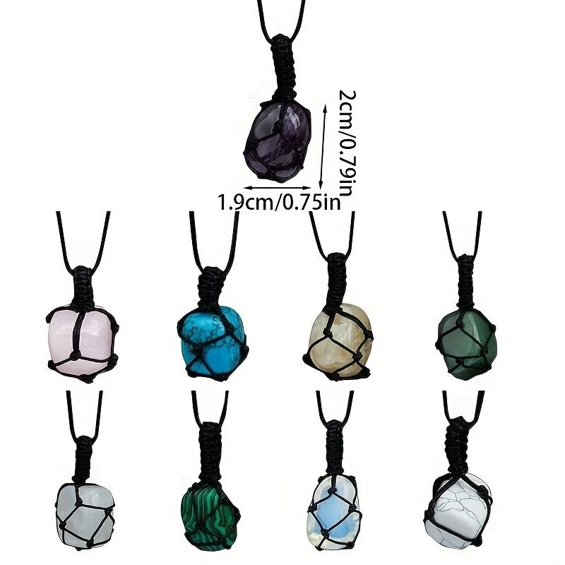Hand-Woven Amethyst & Agate Pendant Necklace - Irregular Raw Stone Woven Net Bag Sweater Chain For Boho & Hippie Style (18")_voghion.com