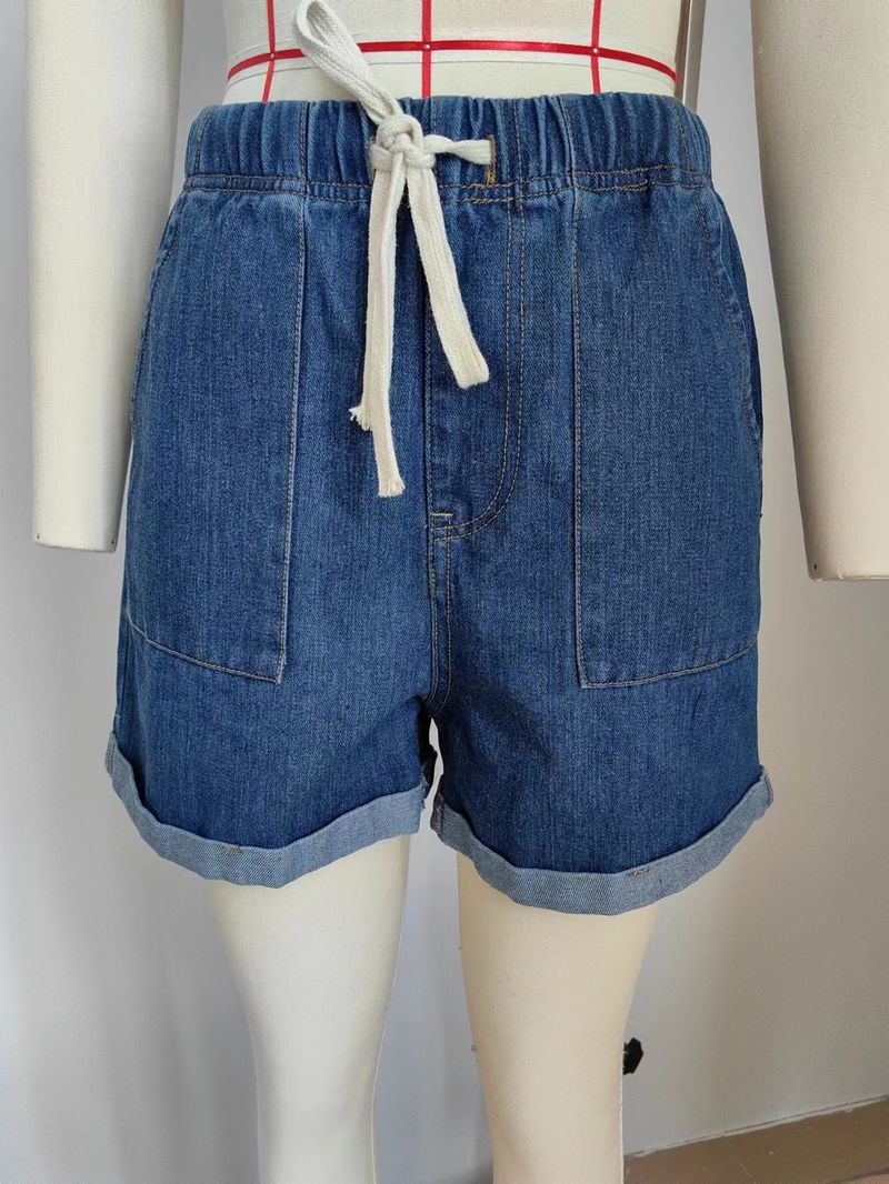 Pantaloncini di jeans da donna Pantaloni elastici in vita con lacci Jeans casual arricciati in denim_voghion.com