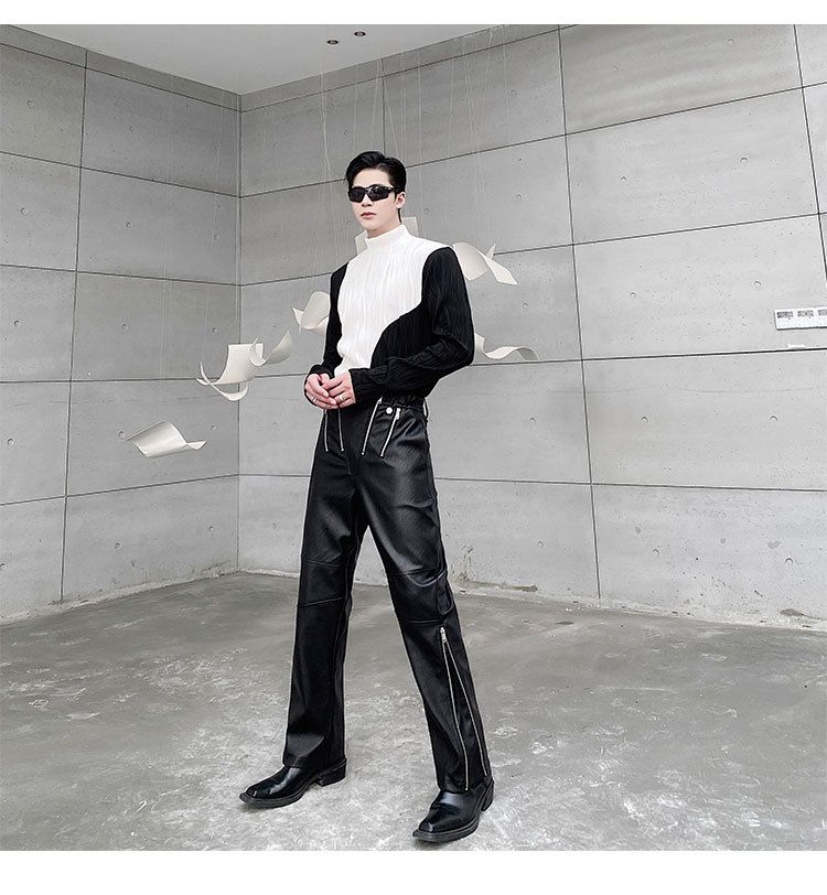 Pánské oblečení kožené kalhoty s kovovým zipem, designové kalhoty, pouliční smažené, nika, osobnost, rovné kalhoty_voghion.com