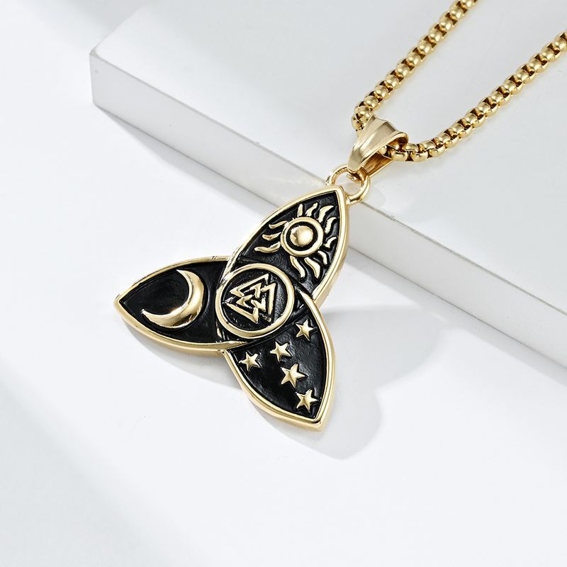 Collier en acier titane avec pendentif en forme de triangle nordique celtique, étoile, lune, soleil, mythe d'Odin_voghion.com