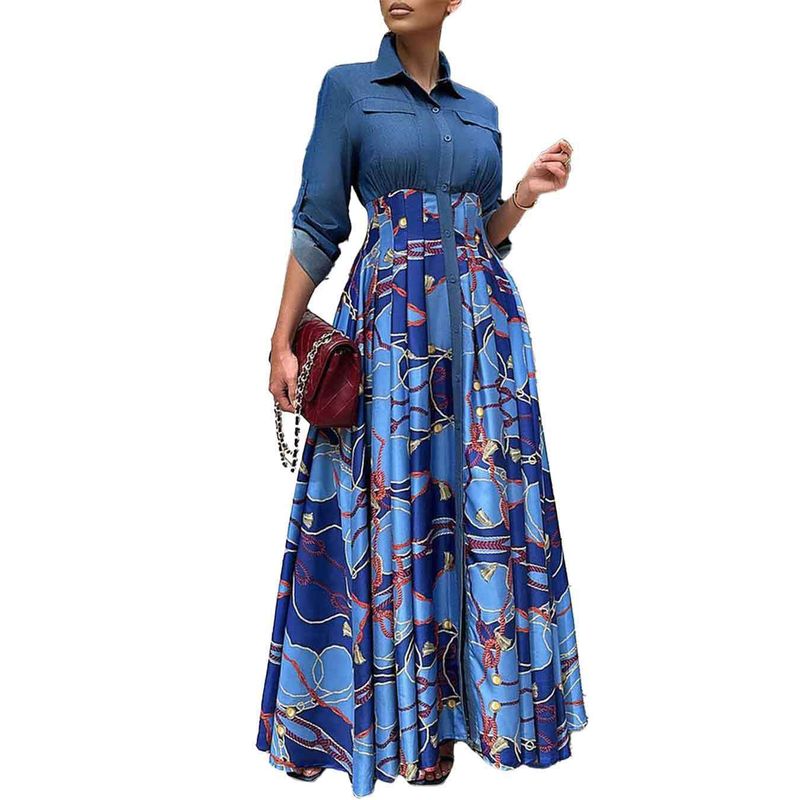 C8551 Herbst Und Winter Neue Große Größe Damenmode Casual Denim Spleißen Gedruckt Langen Rock Große Schaukel Außenhandel_voghion.com