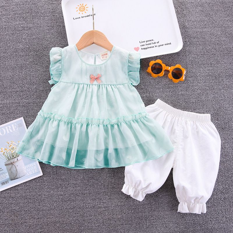 Mädchen-Outfit, stilvoll, Sommer kurzärmliges Mesh-Herz-Zweiteiler-Kinderkleidung, Baby-Mädchen-Set, modisch_voghion.com