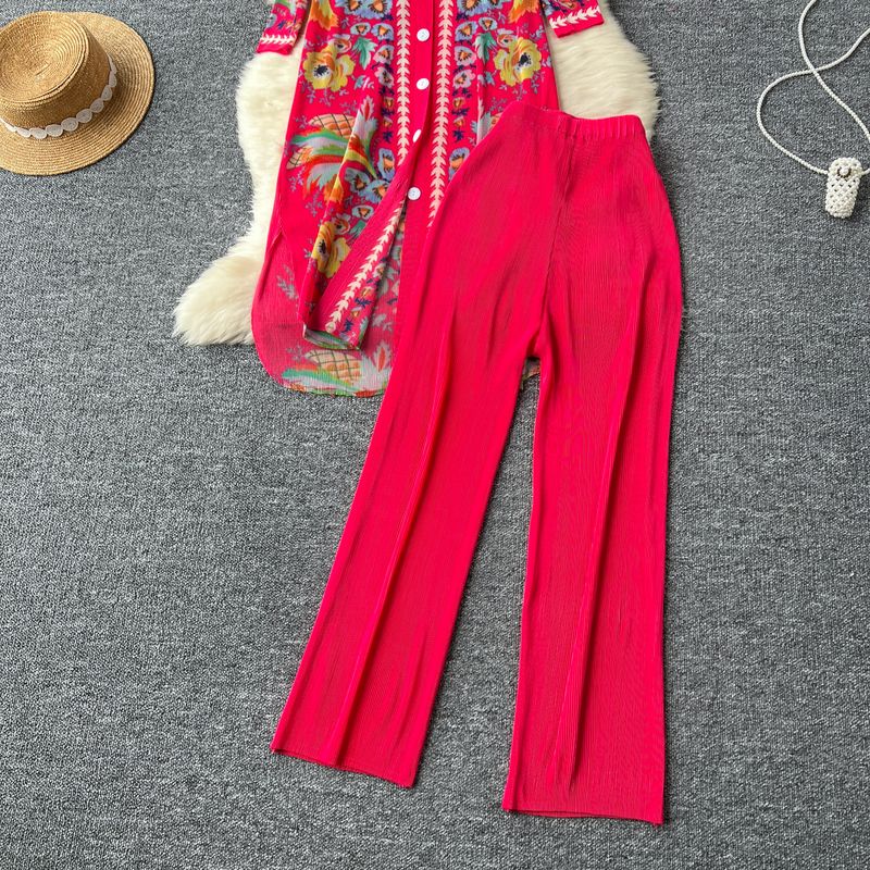 Sieviešu apģērbu kostīms sievietēm, gaišs brieduma stils, vidēja garuma, vienrindu, kroku apdrukas tops + ikdienas bikses ar augstu vidukli_voghion.com