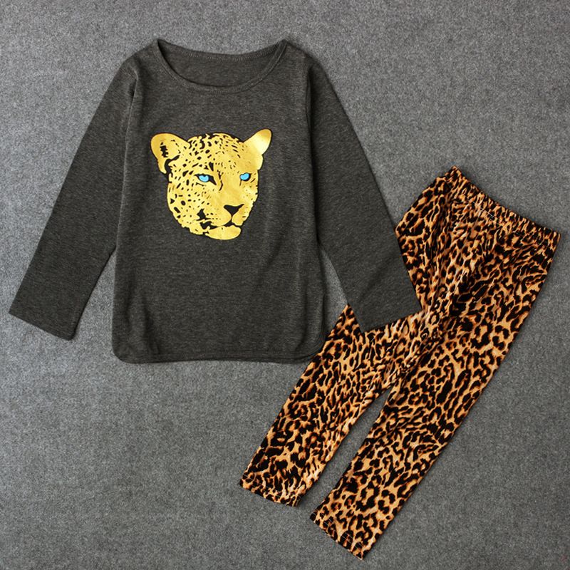Girls Spring And Winter Long-sleeved Lion Head Pattern Top + Leopard Print Pants Two-piece Children's Wear_voghion.com