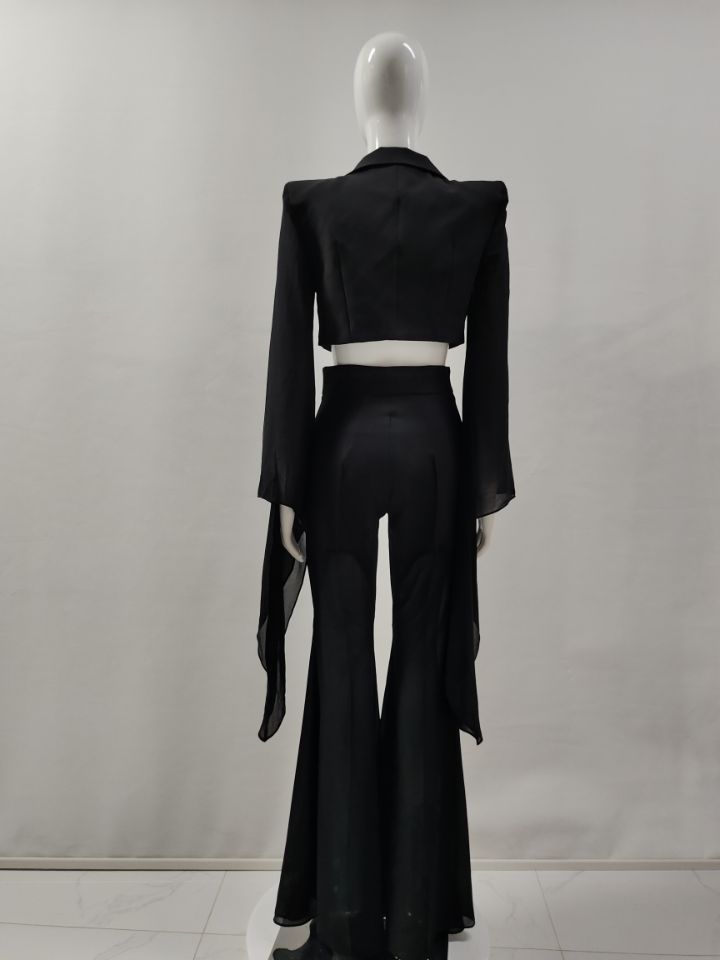 GraceChic European And American Cross-Border Solid Color Large Flare See-Through Small Blazer Suit Two-Piece Set For Women_voghion.com