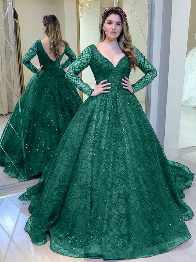 Blaues Hochzeitskleid, Herbst und Winter, neues langärmeliges, perlenbesetztes Pailletten-Vollrock, sexy Bankettkleid mit V-Ausschnitt_voghion.com