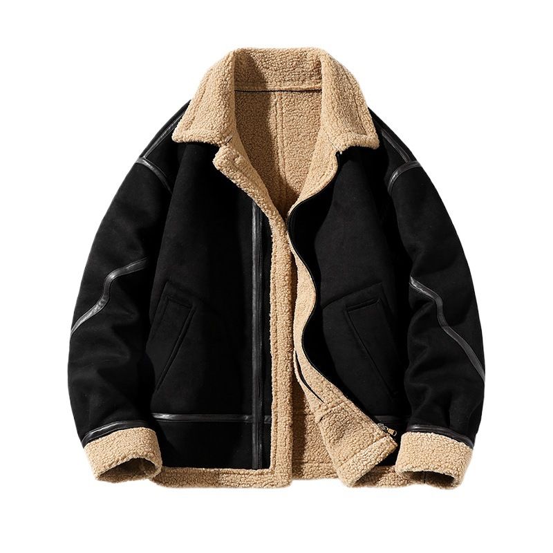 Suède heren trendy merk fleece gevoerde dikke schapenvacht jas losse pasvorm grote maat omslagkraag buiten katoen_voghion.com