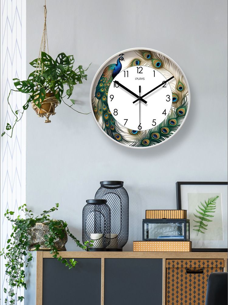 Yipula 7005 Living Room Creative Nordic Chinese Style Minimalist Silent New Round Wall Clock Peacock_voghion.com