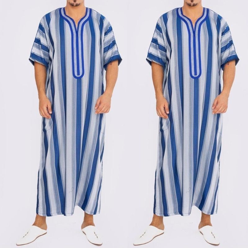 Vestido de roupão listrado de manga curta masculino Oriente Médio Thobe Arábia Saudita Kaftan Roupa tradicional muçulmana_voghion.com