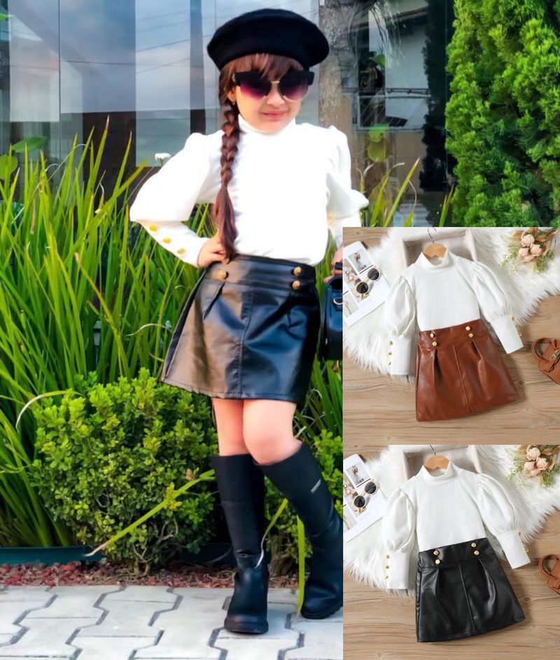 Abbigliamento per bambini Set di due pezzi di gonne corte in pelle PU alla moda con collo medio alto, top a maniche lunghe con maniche a sbuffo, collo medio alto_voghion.com