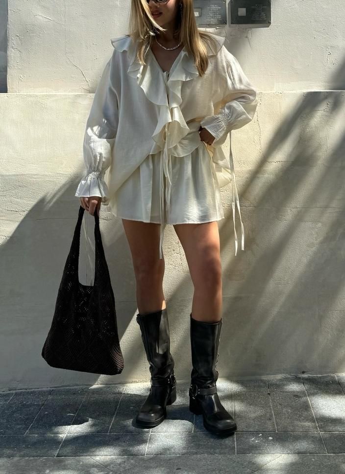 Damenbekleidung Lose Rüschen Top Shorts Anzug_voghion.com