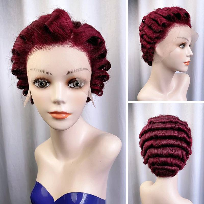 Peluca corta barata Curly Bob Water Wave color vino 13x4 Lace Front Peluca 100% Cabello humano Peluca Suelta Onda profunda Frontal Bob Teje Pelucas sin pegamento para mujeres_voghion.com