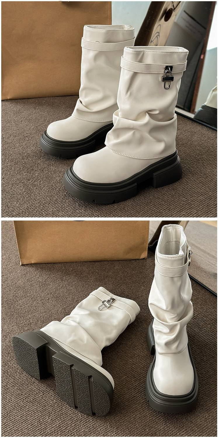 Lederstiefel Netzwerk rote kurze Stiefel Damen 2024 neue Stiefel Casual Style Retro 100 dicke Sohlenhose Stiefel Mid-Calf Stiefel_voghion.com