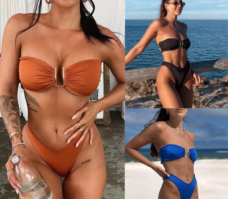 Vêtements pour femmes en forme de U froncé gros seins bikini fendu bikini maillot de bain en tissu de luxe haut de gamme_voghion.com