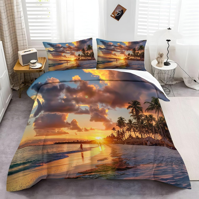 Bettbezug-Set Sunset Beach Punta Cana Palm Trees, 3-teilig, Bettbezüge mit Kissenbezügen, Mikrofaser-Bettwäsche-Sets mit Reißverschluss, weich und bügelfrei_voghion.com