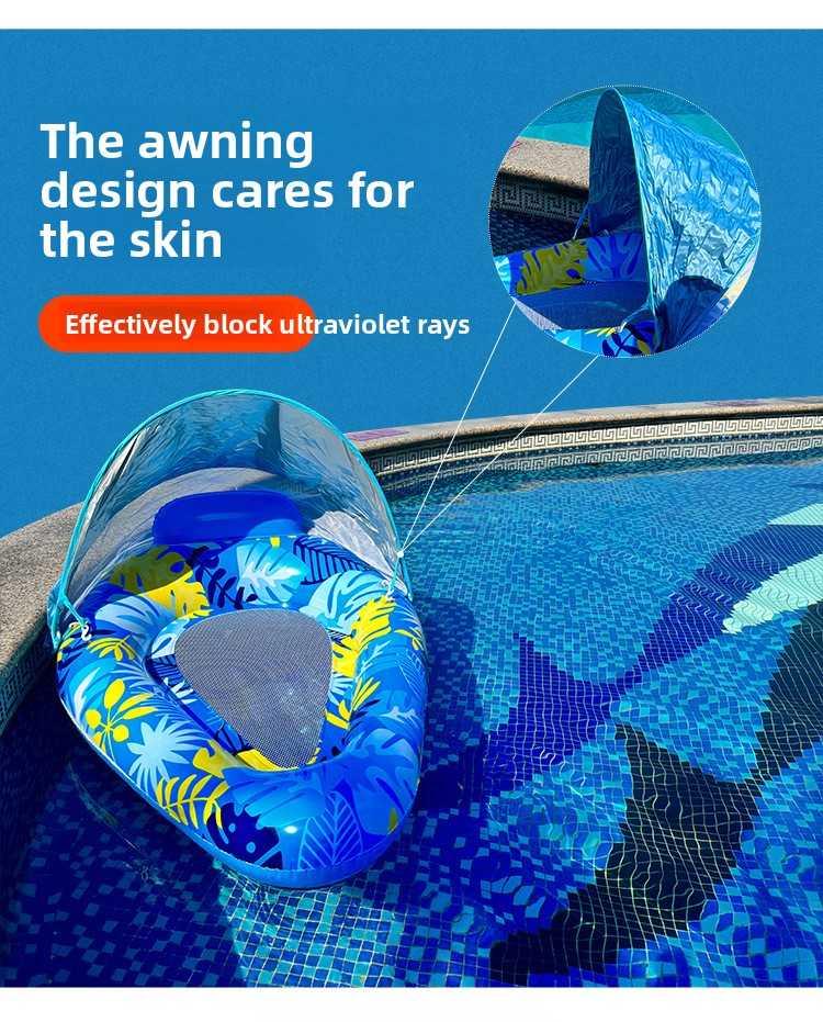 Premium Shaded Pool Lounger - Leaf Print Design With Breathable Mesh & Adjustable Canopy (200cm Reinforced PVC For Adults Beach/Pool Float)_voghion.com