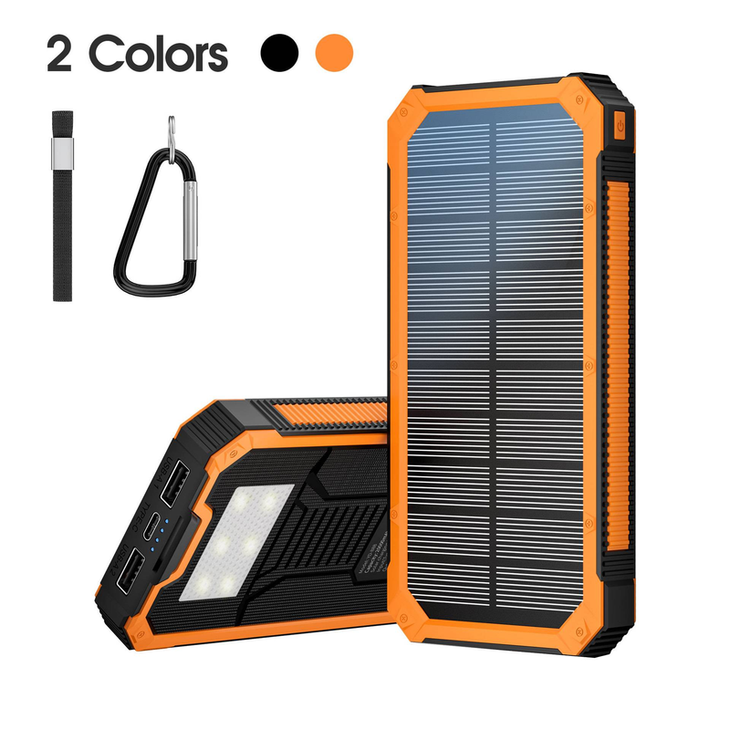 20000mAh Solar Power Bank With 10W Fast Charging, Portable Outdoor Camping Battery Pack For Hiking, Travel, Emergency (Black/Black-Orange)_voghion.com
