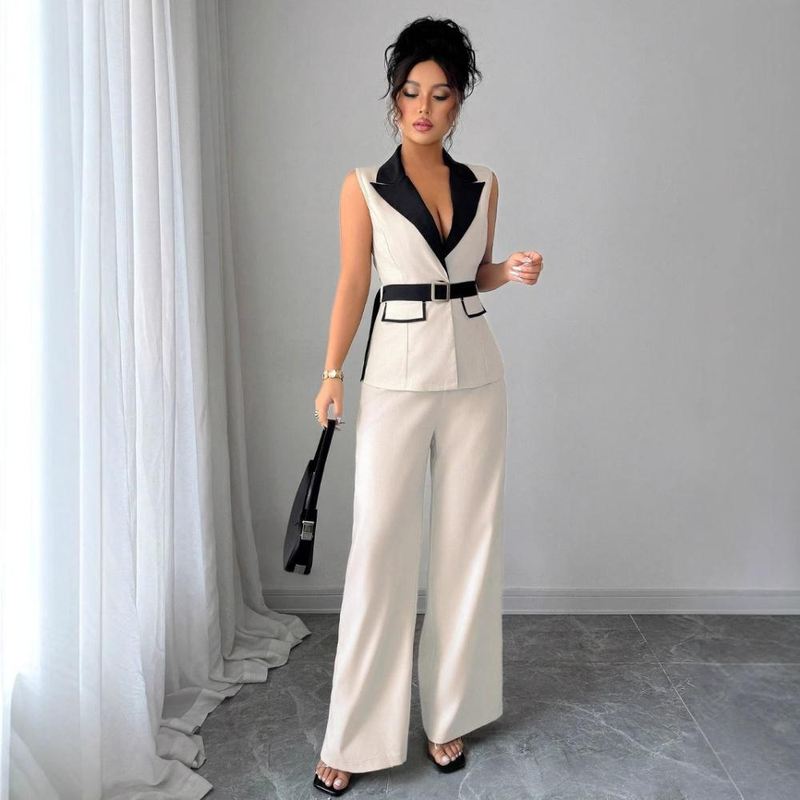 Roupas femininas estilo elegante top tubo calças retas terno colete terno elegante sem alças macacão terno feminino com colete - bege, P/M/G/GG_voghion.com