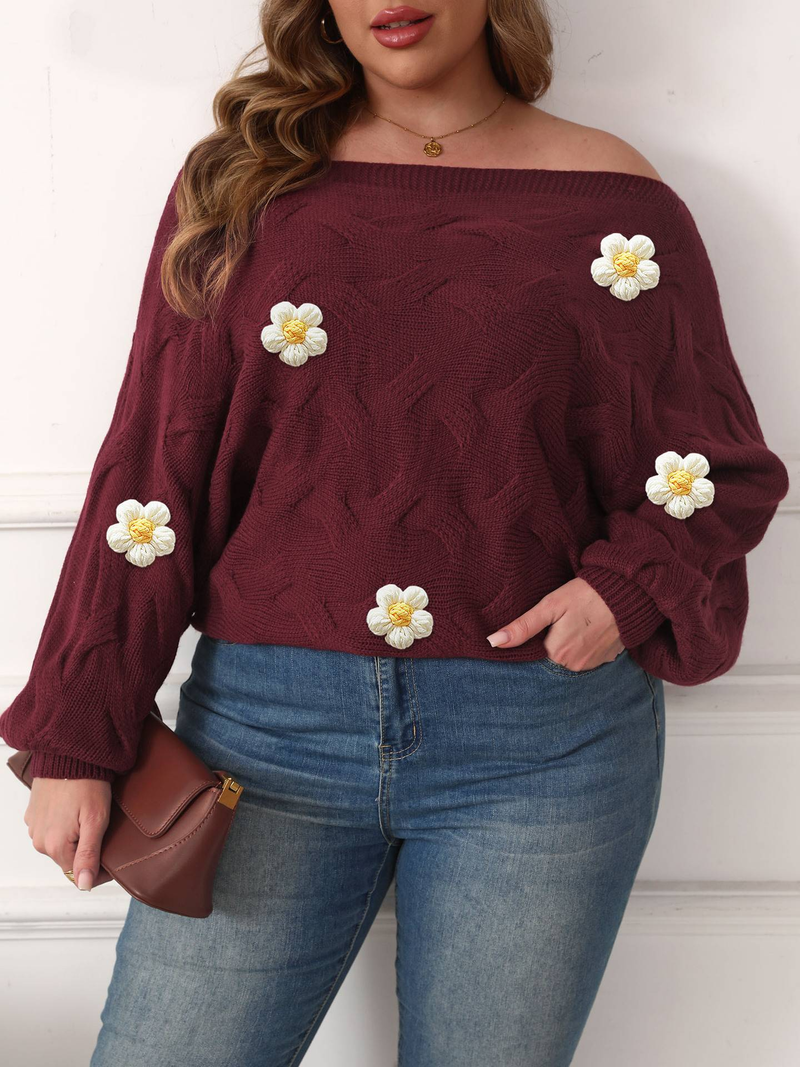 Maglione con maniche a pipistrello e spalle scoperte per donna, taglie forti, design asimmetrico con dettagli floreali fatti a mano, morbido misto acrilico_voghion.com