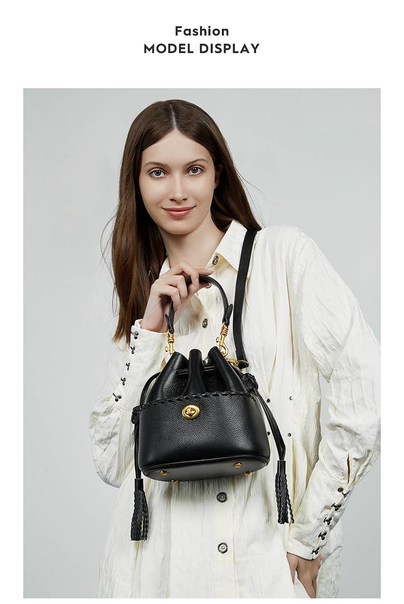 KOSE High-grade First-layer Cowhide Bucket Bag New Genuine Leather Women's Bag Tassel Niche Drawstring Shoulder Messenger Bag_voghion.com