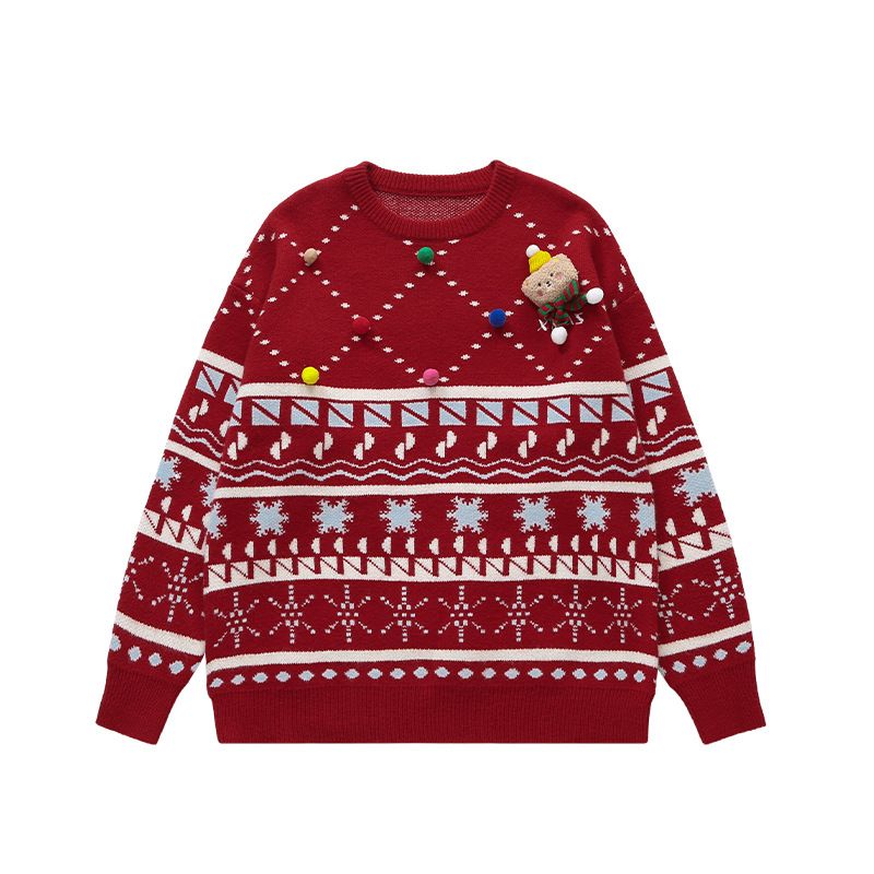 Cozy Christmas Sweater With Playful Doll Design - Oversized Knit Pullover For Women & Teens (Red, Cream, Black) - S/M/L/Xl_voghion.com