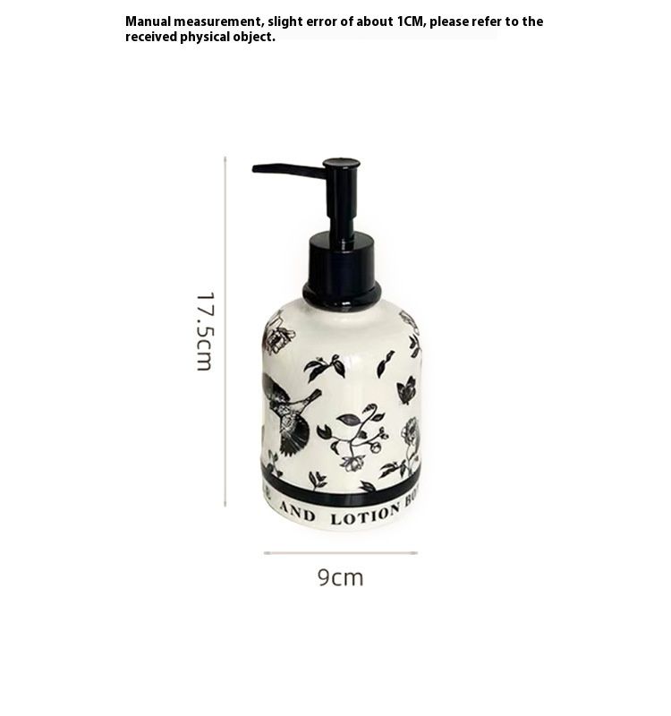 Dispenser per lozione in ceramica vintage - Design con uccellini floreali in bianco e nero (420 ml, finitura opaca, arredamento per hotel e casa)_voghion.com