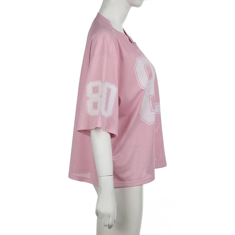 Abbigliamento da donna, stile street style, stile hottie, maglietta oversize con stampa di lettere, maniche corte, scollo a V, ampia e sottile, basic_voghion.com