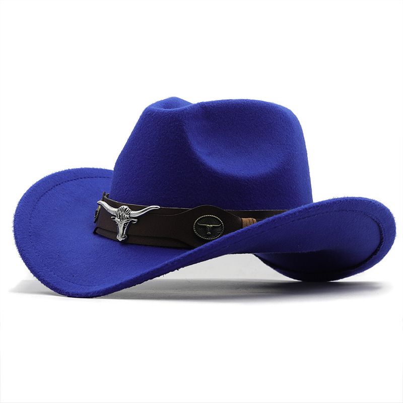 Cappello a cilindro semplice in lana con tesa rovesciata in stile inglese, cintura con testa di mucca, cappello da cowboy occidentale di colore solido_voghion.com