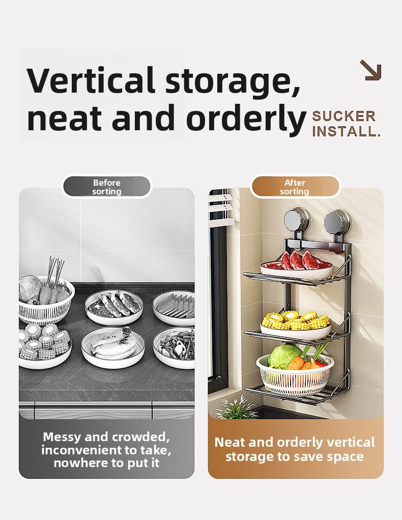 New Kitchen Suction Cup Household Multi-layer No-drill Prep Tool Wall-mounted Storage Rack_voghion.com