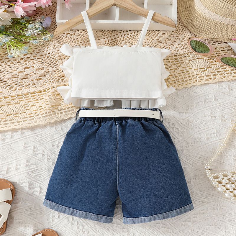 Meisjesmode veelzijdige effen kleur kant camisole vest + gescheurde denim shorts riem driedelige set_voghion.com