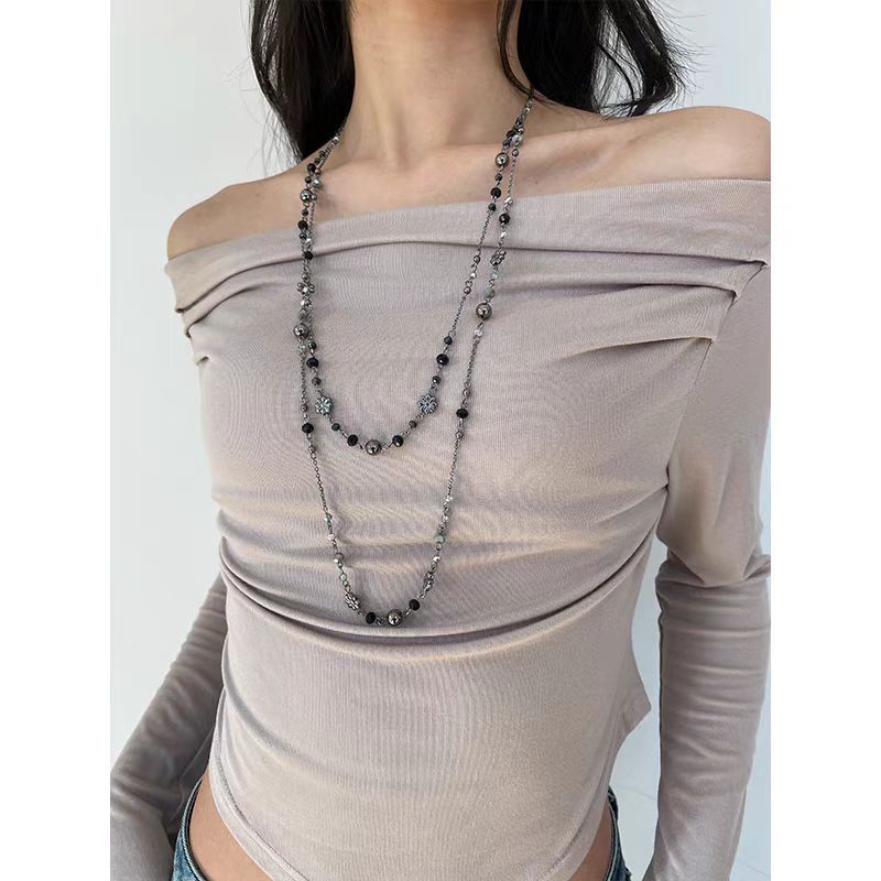 Collier empilable à trois couches de perles et pompons de style niche léger et luxueux_voghion.com