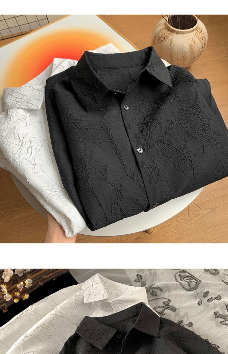 Camicia da uomo a maniche corte in seta ghiacciata plissettata, sottile, fresca, alla moda, dal design accattivante, casual, giacca da abito_voghion.com