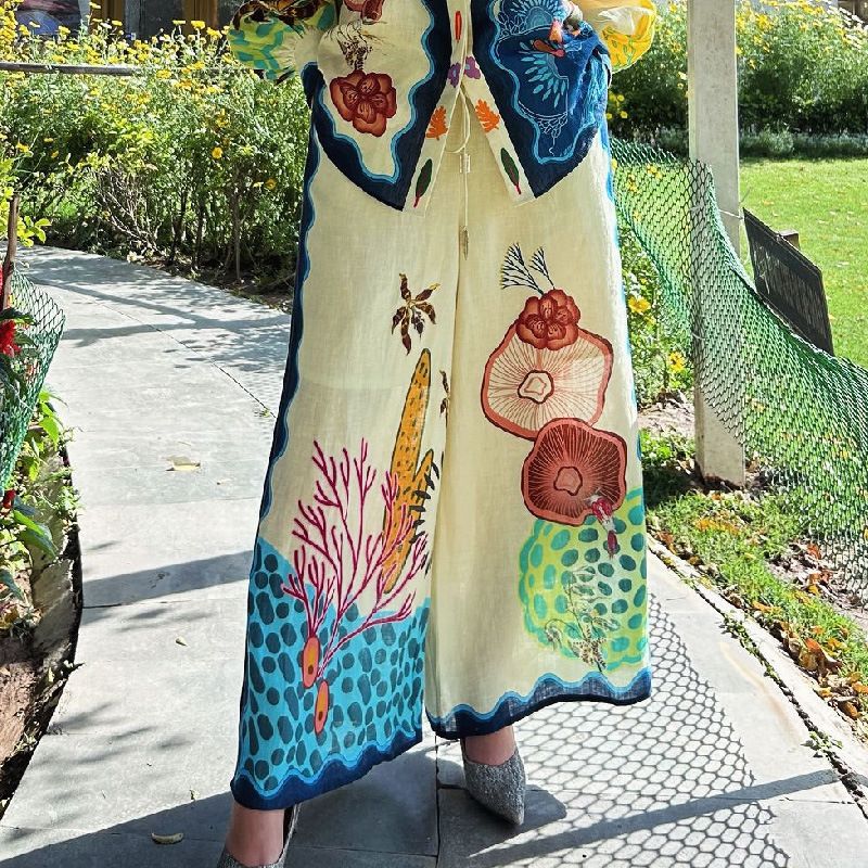 Abbigliamento da donna, abito a due pezzi in cotone e lino stampato con personalità della moda, sciolto, per le vacanze, per il tempo libero_voghion.com
