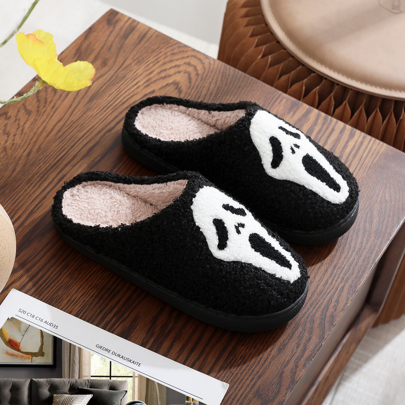 Novità di Halloween per uomo e donna, pantofole invernali in cotone con teschio e faccina sorridente, scarpe taglie forti_voghion.com