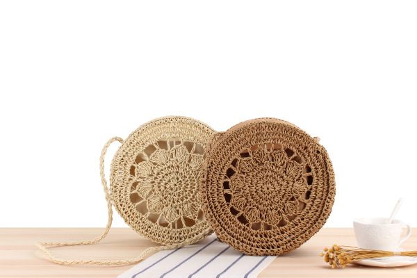 Borsa rotonda in tessuto a spalla singola Borsa da spiaggia estiva Borsa per torta rotonda da donna con panino in paglia Mori_voghion.com