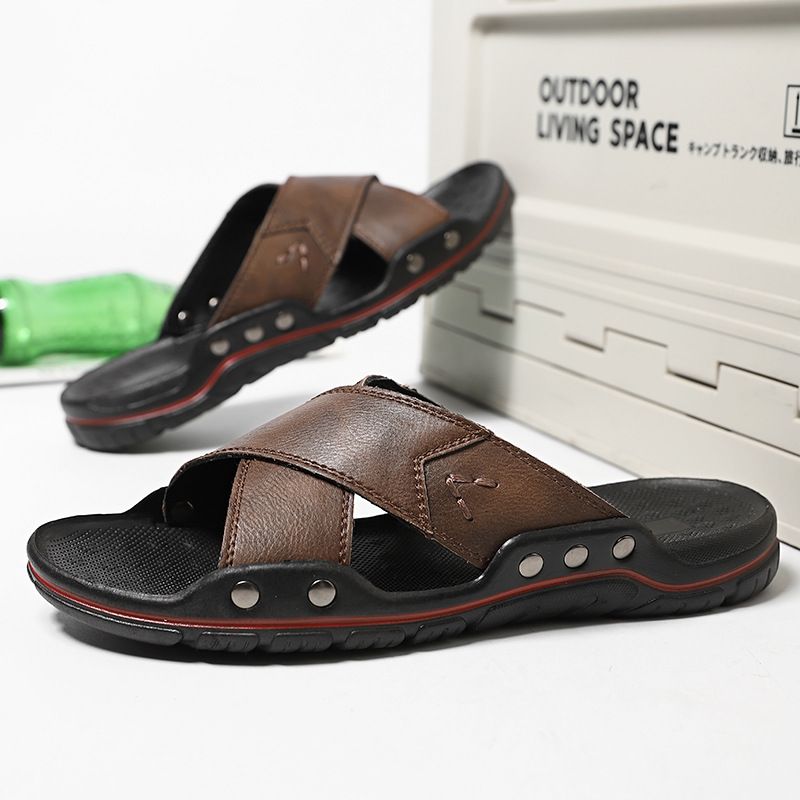 Hausschuhe, Größe 47-48, Echtleder One Line Slipper, Sommer Anti Slip, Outdoor Wear, Strand Herren Sandalen, Hausschuhe_voghion.com