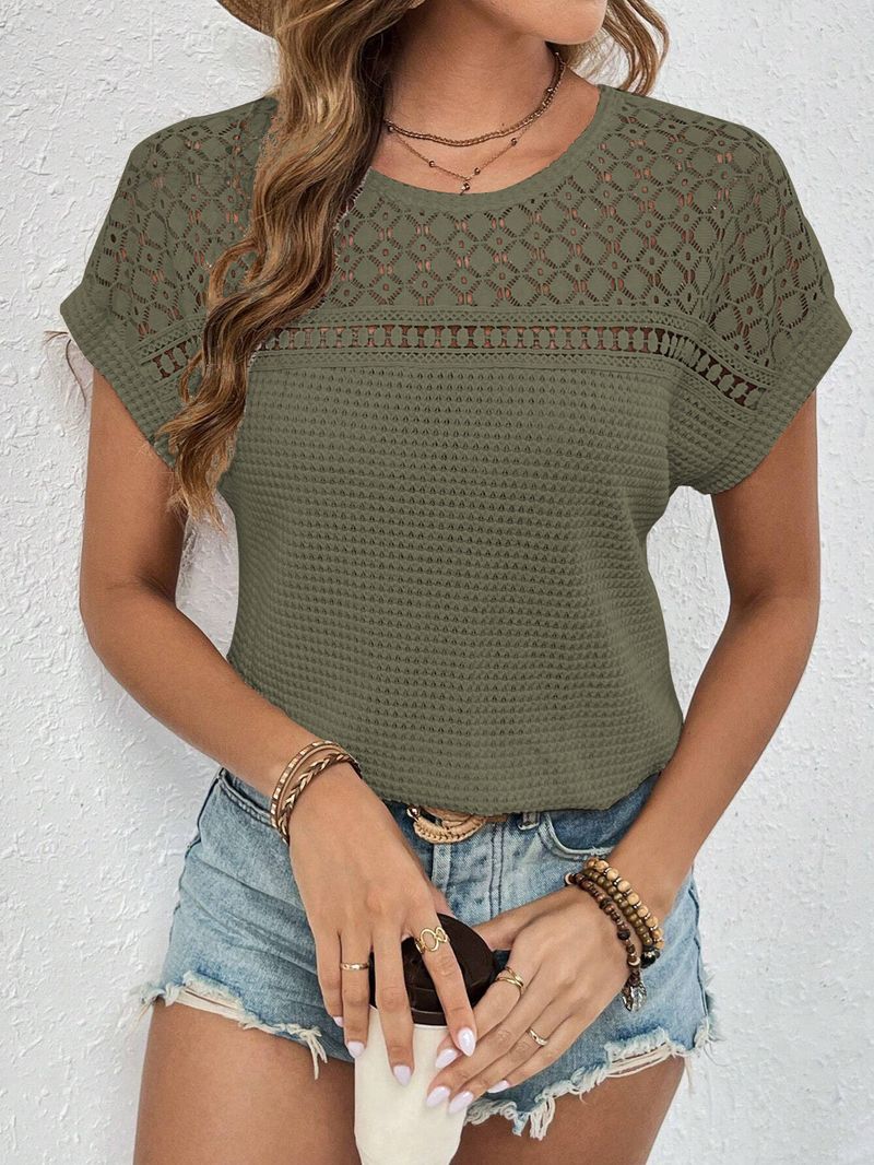 2025 Women's Summer New Top With Shoulder Mesh Hollow Out Breathable Versatile Short Sleeve T-shirt_voghion.com