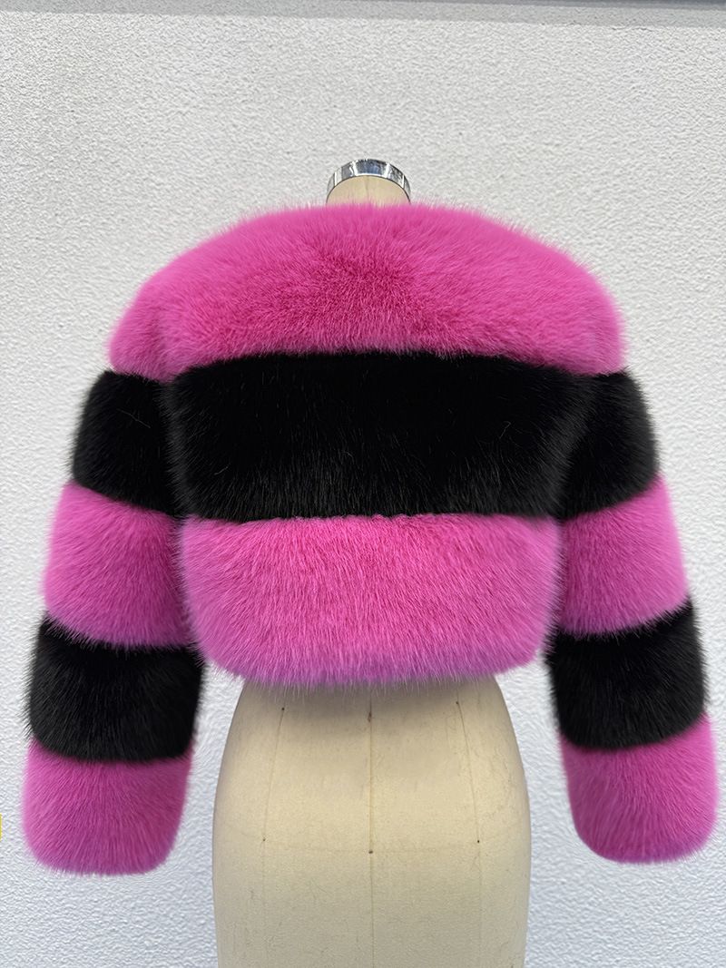 Damen Kunstpelzmantel – Ultrakurze Jacke mit Fuchspelzbesatz (Rosenrot/Schwarz, S-3XL) | Wintermode Oberbekleidung_voghion.com