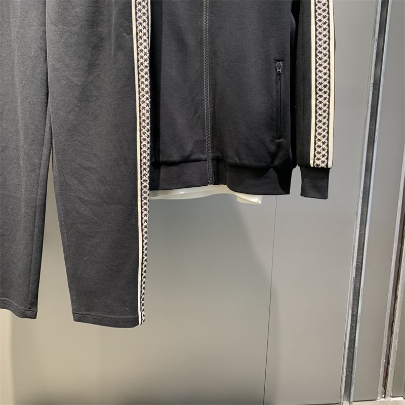 Man's clothing Knit jacquard ribbon splicing sportswear suit men's handsome stylish zip-up sweatpants_voghion.com