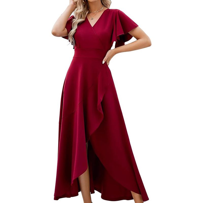 2025 Damen Rüschenärmel V-Ausschnitt Elegantes Abendkleid Frühling Sommer Polyester_voghion.com