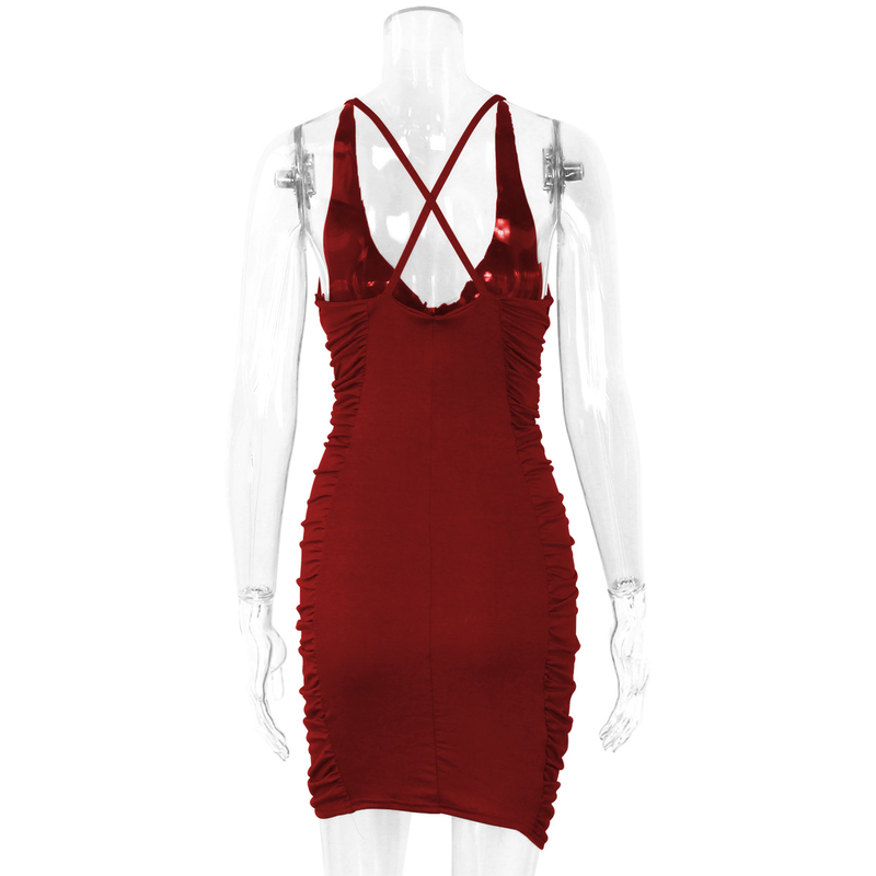 Women's V-neck backless sexy pleated red dress_voghion.com