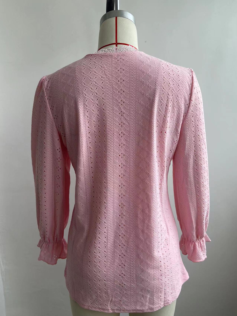 T-Shirt mit V-Ausschnitt, Herbst, hohl, lässig, mit plissierten Ärmeln_voghion.com