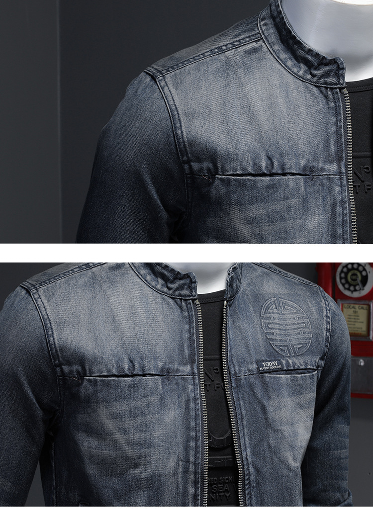 Herrkläder Personlig stand-up krage dragkedja Motorcykel jeans Plus size Casual präglad jeansjacka_voghion.com