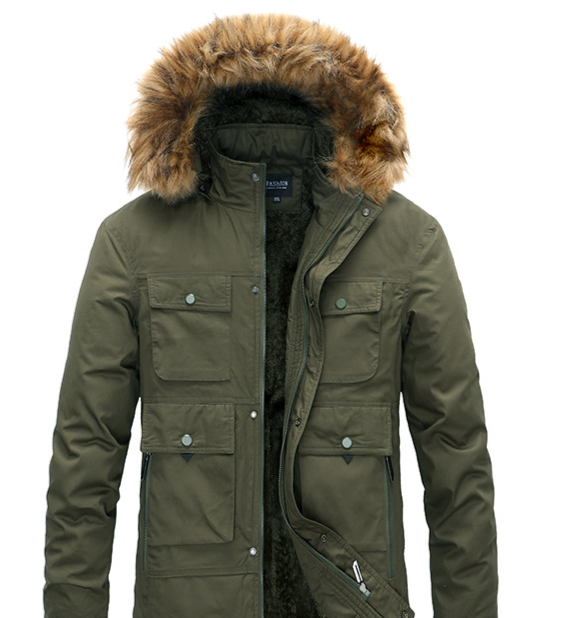 New winter coat plush mid length thick cotton jacket, warm collar, men's clothing_voghion.com