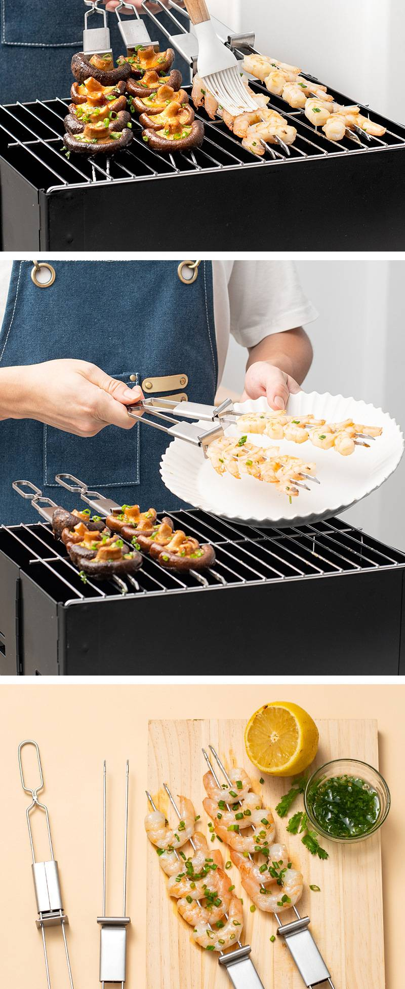 4-Piece Stainless Steel Semi-Automatic Double-Head BBQ Fork - Portable Outdoor Grilling Tool & Skewers for BBQ Meat Cooking_voghion.com