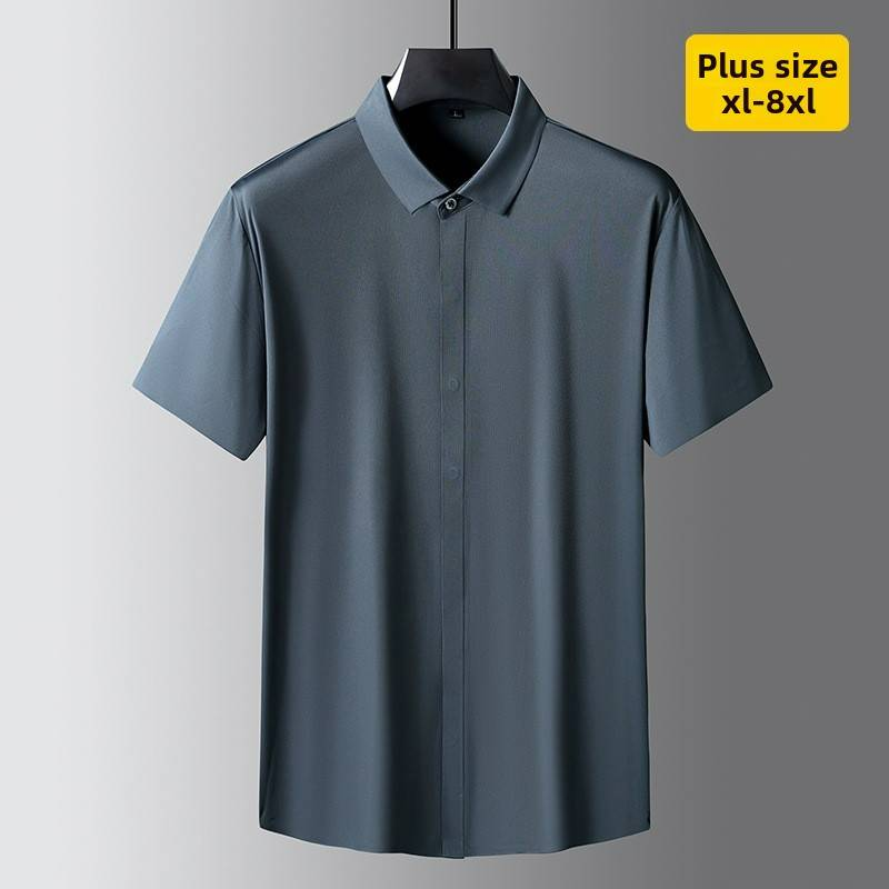 Camisa de manga corta sin costuras para hombre, nueva, de talla grande, color liso, de seda fina, con solapa y hebilla secreta_voghion.com