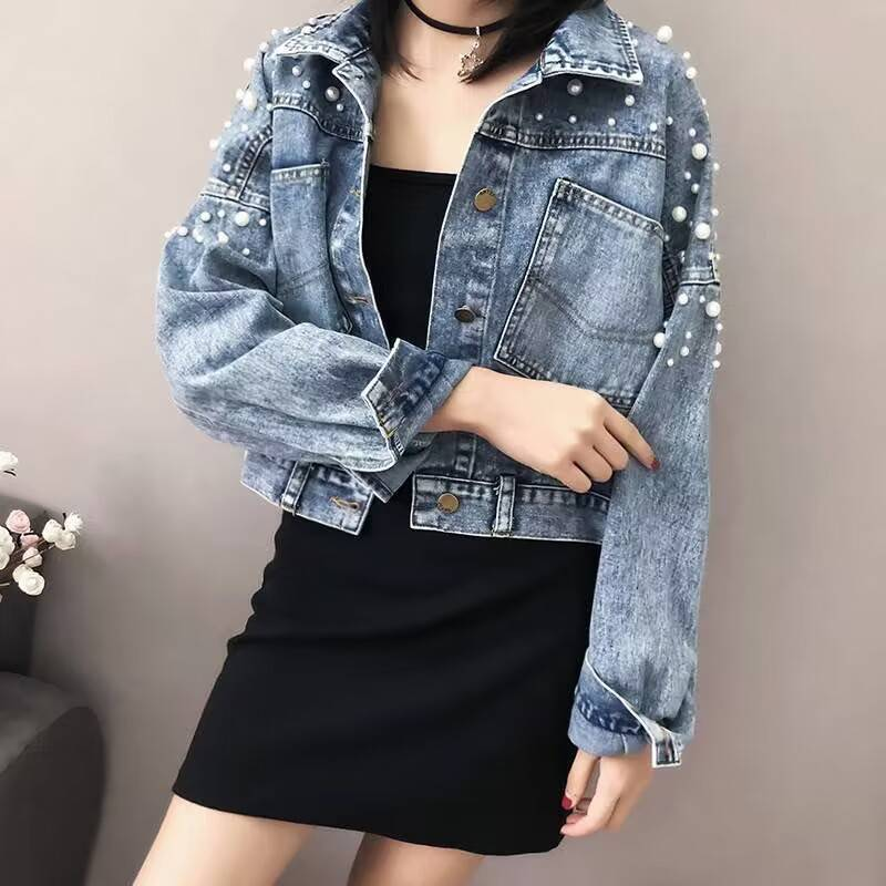 Damenbekleidung Verzierte Jeansjacke mit Strasssteinen, kurzer Cropped-Stil, Fledermausärmel, Used-Look, lässig & schick_voghion.com